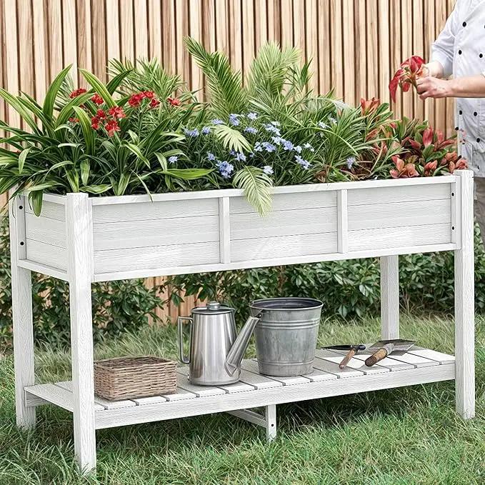 YITAHOME Raised Garden Bed, 47x18x31 Inch HIPS Poly-Wood Weather-Resistant Elevated Planter Box with Storage Shelf for Vegetable Flower, White by GreenHaven Gardens