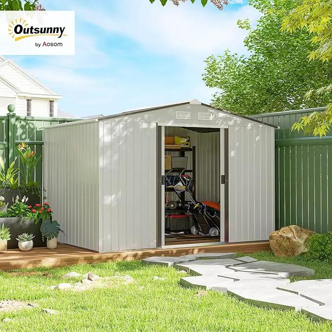 Outsunny 9' x 6' Outdoor Storage Shed, Garden Tool Metal Shed with Foundation Kit, Double Lockable Door, Air Vents and Sloping Roof, for Backyard, Patio, Lawn, Silver by GreenHaven Gardens