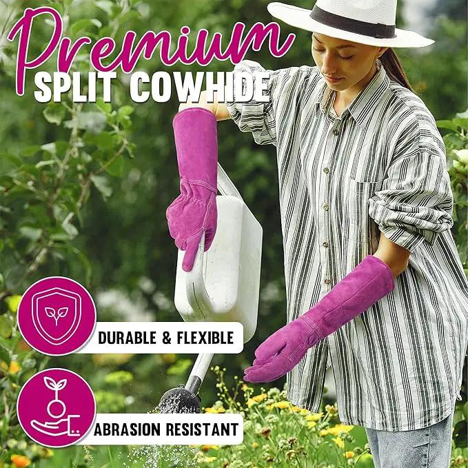 HANDLANDY Ladies Thorn Proof Gardening Gloves, Long Gauntlet Heavy Duty Garden Gloves, Elbow Length Women Leather Rose Pruning Glove (Large, Rosy) by GreenHaven Gardens