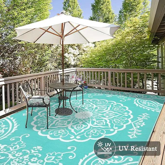Pauwer Waterproof Outdoor Rug 8x10, Reversible Plastic Straw Patio Camping Rug, Indoor Outdoor RV Mat Carpet for Deck, Camper, Porch, Balcony, Backyard, Picnic, Boho Light Blue by GreenHaven Gardens
