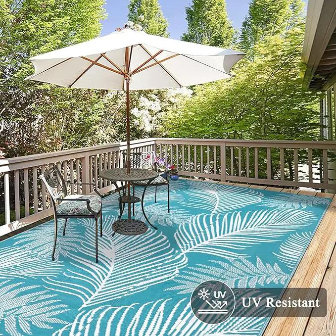 Pauwer Waterproof Outdoor Rug 6x9, Reversible Plastic Straw Patio Camping Rug, Indoor Outdoor RV Mat Carpet for Deck, Camper, Porch, Balcony, Backyard, Picnic, Leaf Teal by GreenHaven Gardens