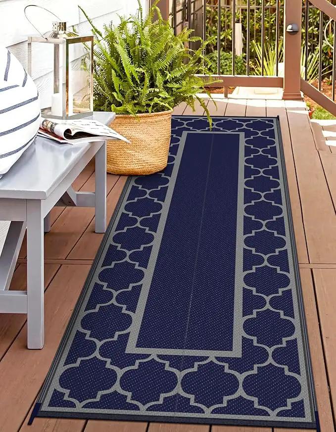 GENIMO 2.5 ' x 8 ' Outdoor Rug for Porch Patio Clearance, Waterproof Indoor Outdoor Plastic Straw Rugs Carpet, Reversible Outside Area Rv Mat for Camping, Balcony, Deck, Picnic, Beach (Blue & Gray) by GreenHaven Gardens