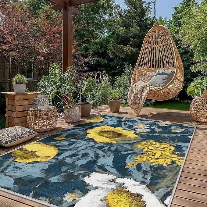 GENIMO Indoor Outdoor Area Rug 8' X 10' Waterproof, Washable Patio Rug Non Shedding, Easy Cleaning Floral Outdoor Carpet for Living Room, Bedroom, Dining Room, Balcony, Deck, RV, Backyard, Blue Yellow by GreenHaven Gardens