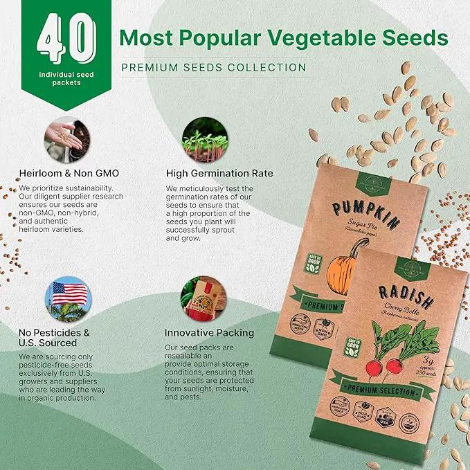 Organo Republic 40 Vegetable Seeds Variety Pack - 26000 Non GMO Heirloom Seeds for Planting Vegetables & Fruits in Bulk Individual Seed Packets, Home Garden Seeds for Hydroponic, Indoor & Outdoors by GreenHaven Gardens