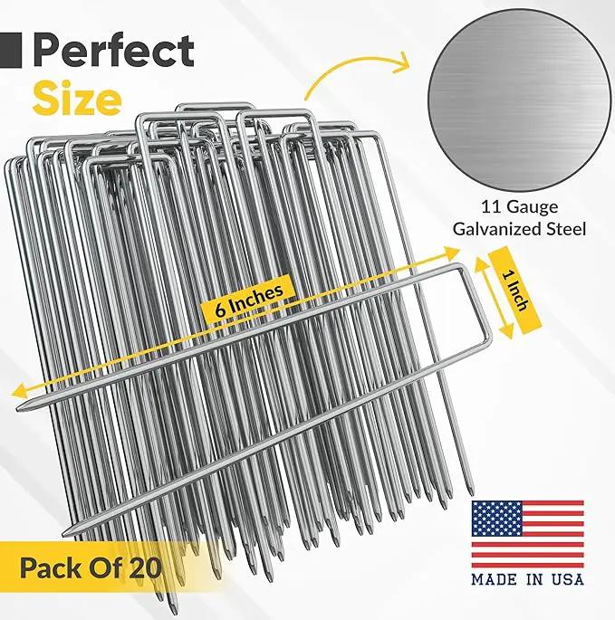 USA Made 20 Pack Landscape Staples 6 inch 11 Gauge Garden Stakes Galvanized Steel | Yard Stakes for Decorations Weed Barrier Fabric | Ground Stakes for Gardening | Fence Stakes Landscape Pins by GreenHaven Gardens