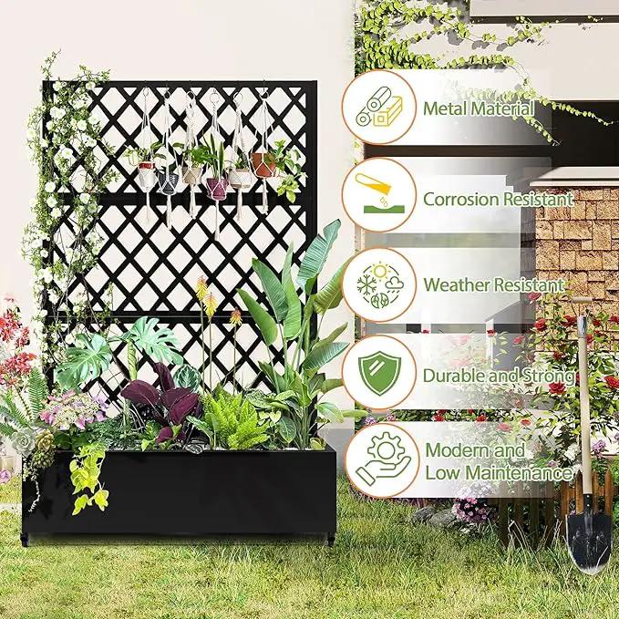Metal Planter Trellis Box with Wheels & Drain Plug Outdoor Raised Garden Bed Patio Privacy Screen with Planter for Climbing Plants, Vegetables 73"x47"x16" Black-Diamond by GreenHaven Gardens