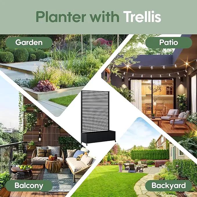 Metal Planter Box with Trellis Privacy Screen, Raised Garden Bed with Trellis & Wheels, Privacy Planters for Patio, Planter Box with Drainage Holes for Climbing Plants, Flower, 73"x 47"x 16", Black by GreenHaven Gardens