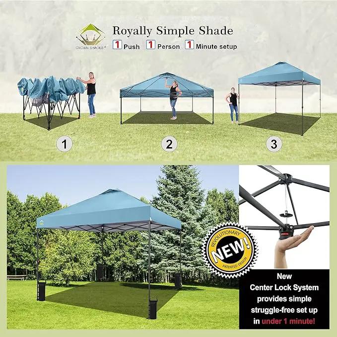 CROWN SHADES 10x10 Pop Up Canopy Tent - Patented Center Lock One Push Instant Outdoor Canopy Beach Tent with STO-N-Go Bag 8 Stakes & 4 Sand Bags，Cyan Blue by GreenHaven Gardens