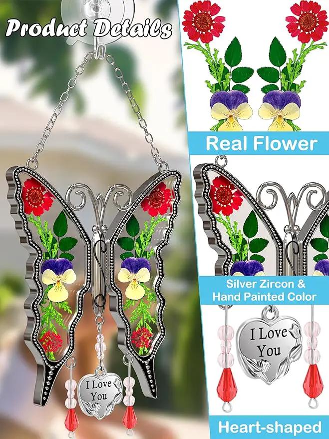 KY&BOSAM Butterfly Suncatcher I Love You Gifts for Mom for Windows Hangings Wind Chimes Pressed Flower Between Wings with Metal Heart Charm Birthday Gifts for Women Mother's Day Valentine's Christmas by GreenHaven Gardens