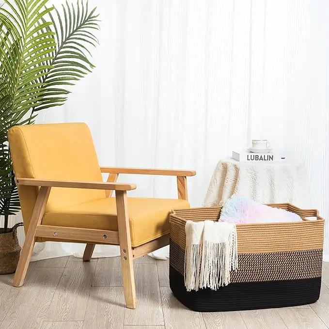 MINTWOOD Design 22in Extra Large Blanket Basket Holder for Living Room, Rectangle Rope Woven Storage Bin with Handles for Laundry, Pool Towels, and Shoes, Dog Toy Box Organizer, Black Jute by GreenHaven Gardens