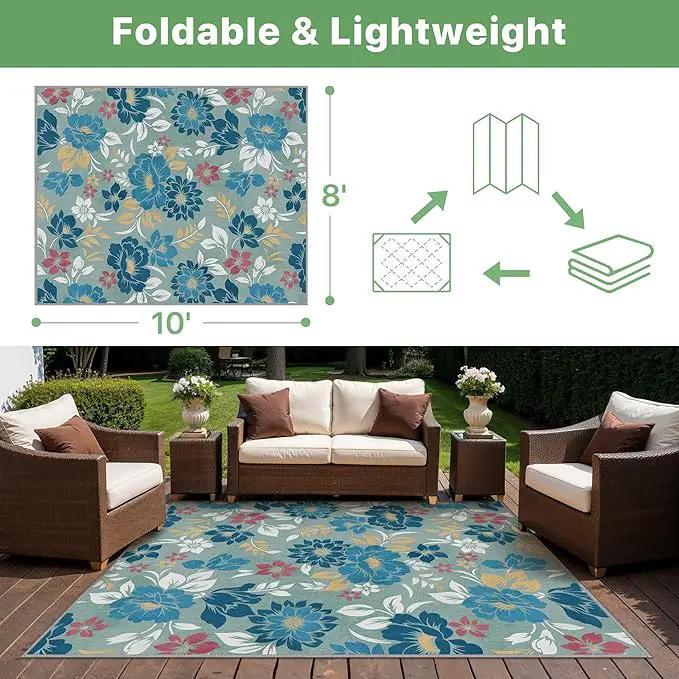 GENIMO Indoor Outdoor Area Rug 8' X 10' Waterproof, Washable Patio Rug Non Shedding, Easy Cleaning Floral Outdoor Carpet for Living Room, Bedroom, Dining Room, Balcony, Backyard, Deck, RV, Blue Grey by GreenHaven Gardens