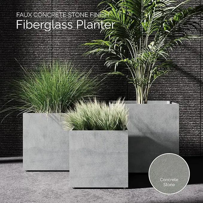 Reglito Cube Planter – Fiberglass Indoor/Outdoor and Weather-Resistant Large Planter (Concrete Stone, 27.6" L x 27.6" W x 28.1" H) by GreenHaven Gardens
