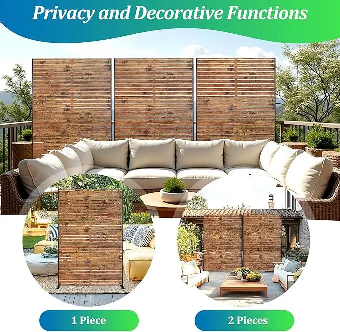 Metal Privacy Screen, 72" H×47" W Outdoor Privacy Screen, Freestanding Decorative Privacy Screen for Deck Balcony Patio, Natural Wood Brown by GreenHaven Gardens
