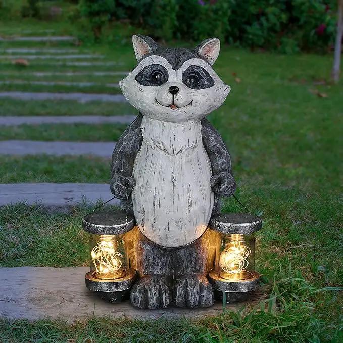 Exhart Garden Sculpture, Raccoon Solar Garden Statue with 2 Jars, 16 LED Firefly Lights, Outdoor Garden Decoration, 7.5 x 9 x 10.5 Inch by GreenHaven Gardens