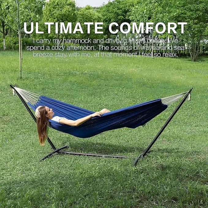 PNAEUT Double Hammocks with Stand for Outside, Portable Space Saving Heavy-Duty Steel Stand for Indoor Outdoor Patio with Carrying Bag, 450 lbs Capacity (Navy) by GreenHaven Gardens