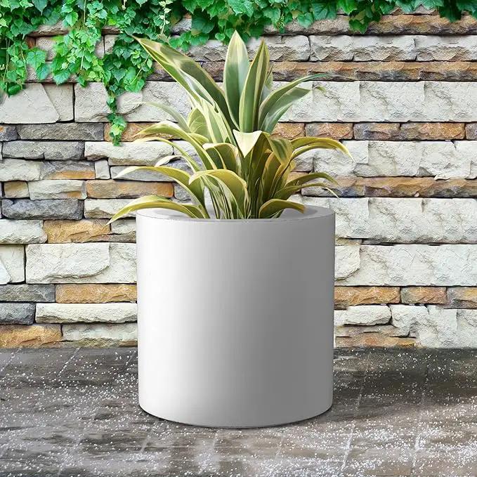 Kante 15.7" Dia Round Concrete Planter, Modern Style Large Cylindrical Plant Pot with Drainage Hole and Rubber Plug for Indoor Outdoor Patio, White by GreenHaven Gardens