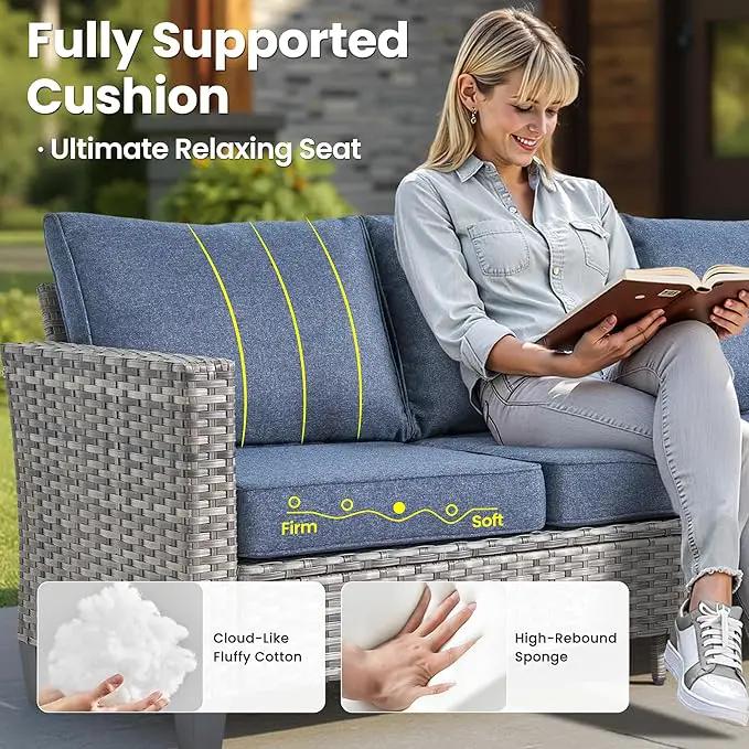 ovios 7 Pieces Patio Furniture Set with 54" Fire Pit Table, Outdoor Wicker Sofa with Comfy Cushions, All Weather High Back Rattan Couch Conversation Set, Denim Blue by GreenHaven Gardens