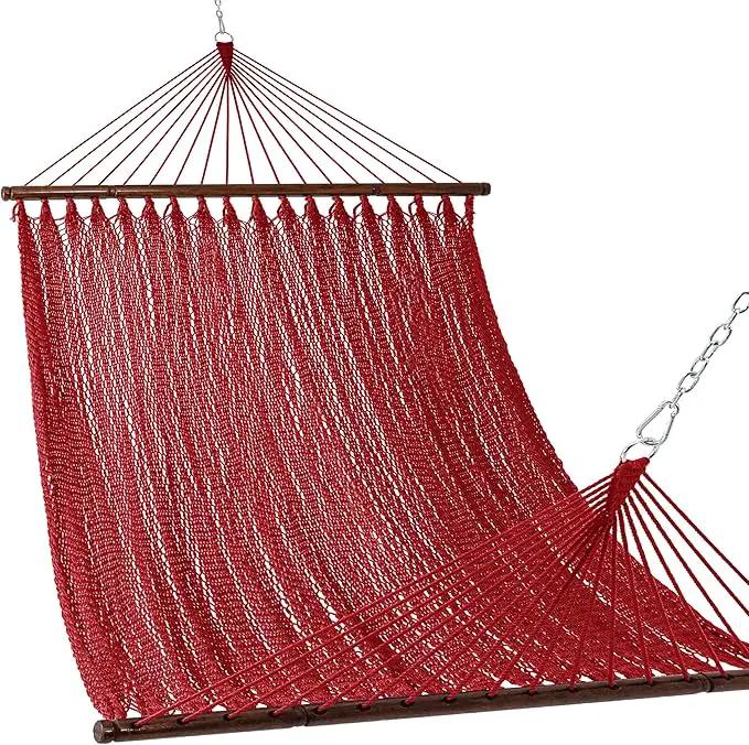 Lazy Daze Hammocks 10.5 FT Double 2 Person Caribbean Rope Hammock, Hand Woven Polyester Hammock with Spreader Bars, for Outside Outdoor Backyard Patio Poolside,450 LBS Capacity,Red by GreenHaven Gardens