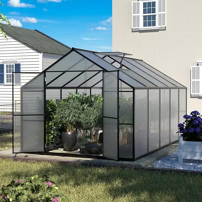 8x10 FT Outdoor Greenhouse Kit, Polycarbonate Aluminum Walk-in Greenhouse with Adjustable Roof Vent and Lockable Door, Backyard Garden in Winter, Gray by GreenHaven Gardens