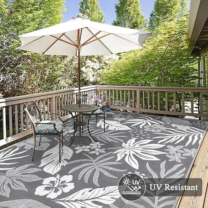 Pauwer Waterproof Outdoor Rug 9x12, Reversible Plastic Straw Patio Camping Rug, Indoor Outdoor RV Mat Carpet for Deck, Camper, Porch, Balcony, Backyard, Picnic, Floral Grey by GreenHaven Gardens