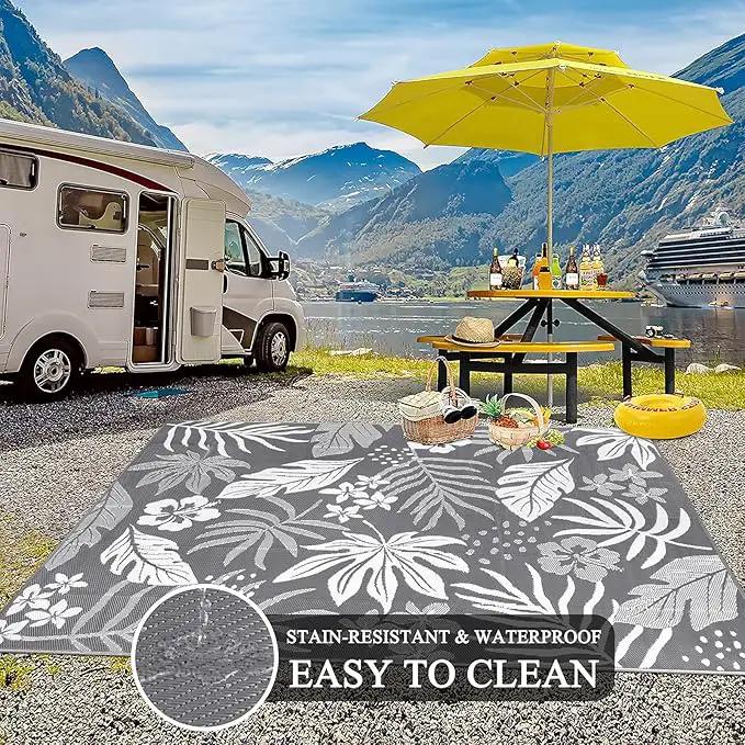 Pauwer Waterproof Outdoor Rug 8x10, Reversible Plastic Straw Patio Camping Rug, Indoor Outdoor RV Mat Carpet for Deck, Camper, Porch, Balcony, Backyard, Picnic, Floral Grey by GreenHaven Gardens