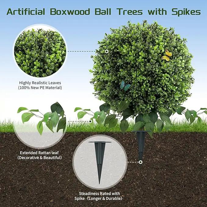 28" Artificial Boxwood Ball Bush, UV Resistant Topiary Tree Faux Boxwood Ball Shaped Porch Bushes with Ground Spike Artificial Bushes for Outdoors Front Door Decor Home Garden by GreenHaven Gardens