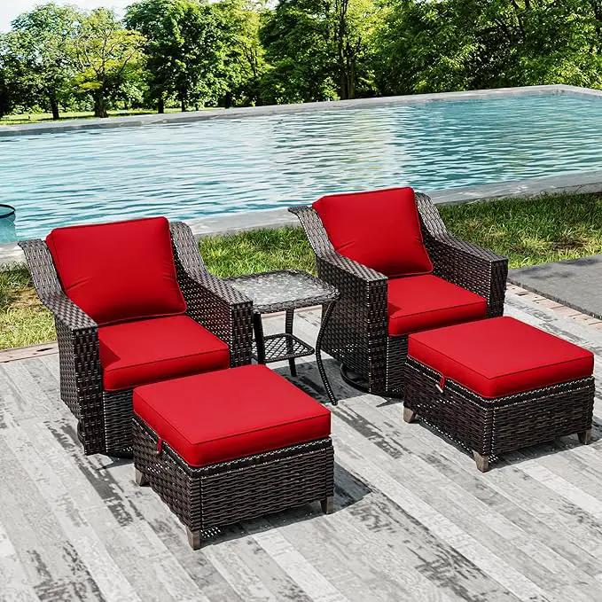 Joyside Wicker Patio Furniture Sets, 5 Pieces Upgraded Large Size Outdoor Furniture with Swivel Rocking Patio Chairs, Outdoor Ottoman and Side Table, Thick Cushions, Wide Armrest by GreenHaven Gardens