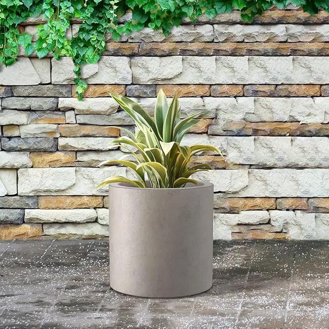 Kante 9.8" Dia Round Concrete Planter, Modern Style Large Cylindrical Plant Pot with Drainage Hole and Rubber Plug for Indoor Outdoor Patio, Weathered Concrete by GreenHaven Gardens