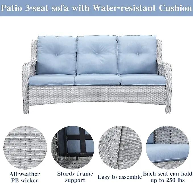 Wicker Patio Furniture Sets - 13 Piece Outdoor Rattan Furniture Conversation Sets with 4 Swivel Rocker Chairs, 2 Rattan Sofas, Wicker Ottomans and Coffee Table, Light Grey/Baby Blue by GreenHaven Gardens