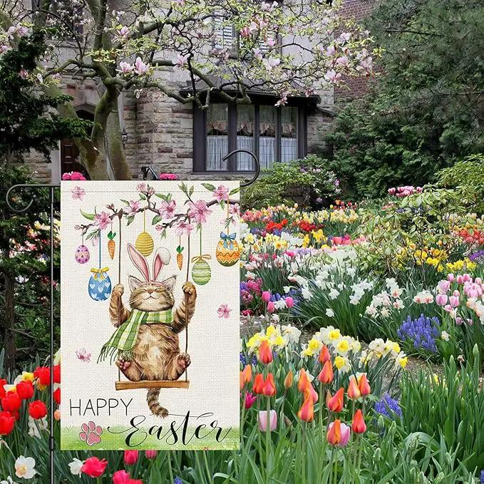 Heyfibro Happy Easter Cute Cat Garden Flag 12x18 Double Sided Burlap, Spring Summer Magnolia Flower Easter Egg Small Yard Banner for Seasonal Holiday Farmhouse Yard Outdoor Decor(ONLY FLAG) by GreenHaven Gardens