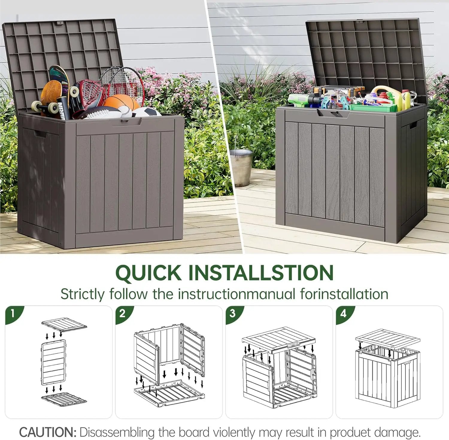 KAMABOKO Deck Box, 35 Gallon Resin Indoor and Outdoor Storage Boxes Waterproof for Garden Tools, Pool Accessories Storage Bench, Patio Furniture and Cushions with Lockable Lid, Grey by GreenHaven Gardens