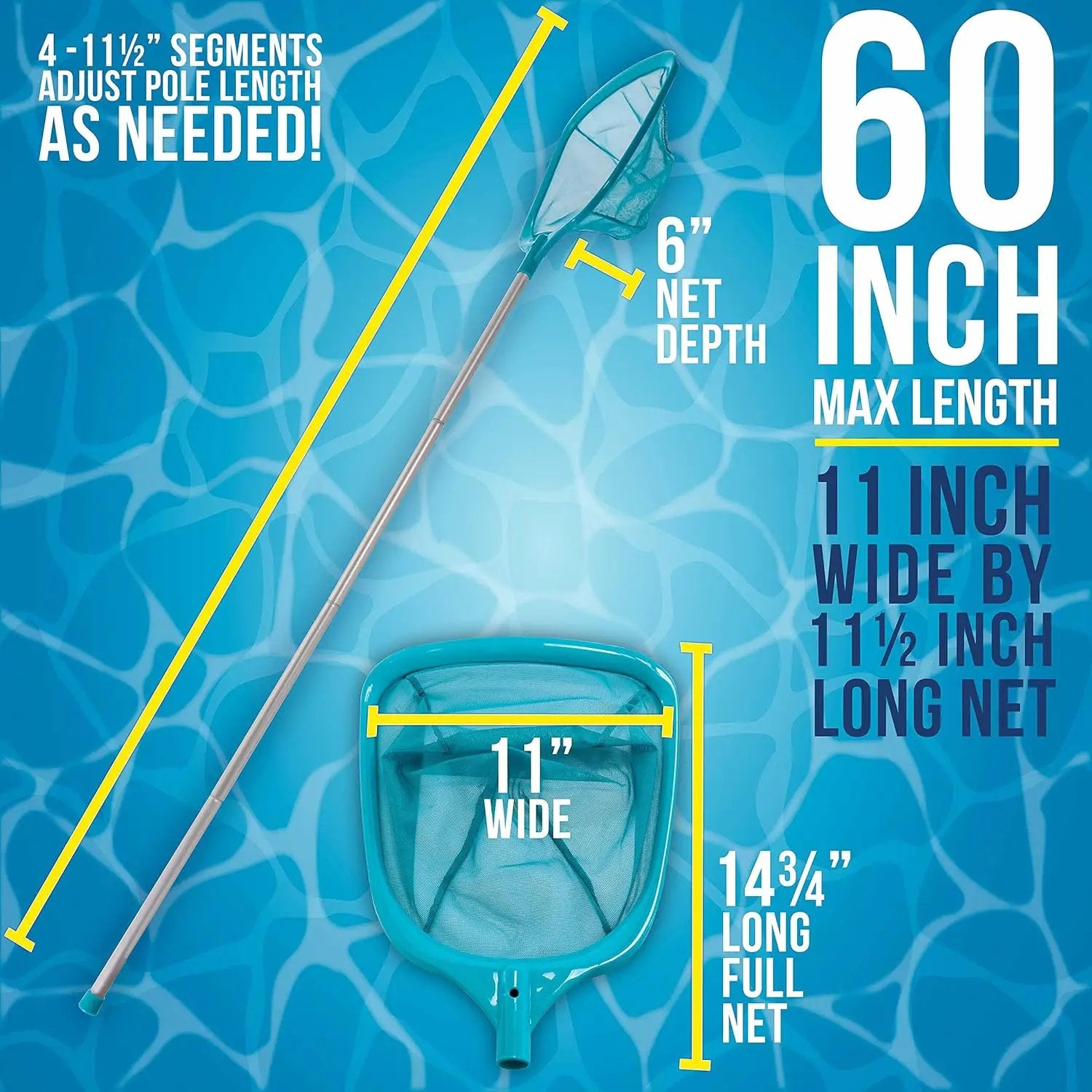 U.S. Pool Supply Swimming Pool 5 Foot Leaf Skimmer Net with 4 Aluminum Pole Sections - 6" Deep Ultra Fine Mesh Netting Bag Basket for Fast Cleaning of The Finest Debris - 60" Long, Clean Spas, Ponds by GreenHaven Gardens