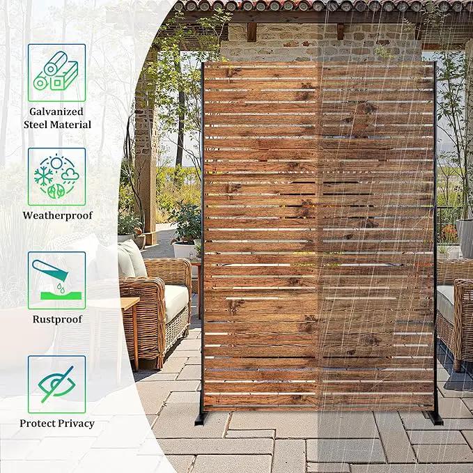Metal Privacy Screen, 72" H×47" W Outdoor Privacy Screen, Freestanding Decorative Privacy Screen for Deck Balcony Patio, Natural Wood Brown by GreenHaven Gardens