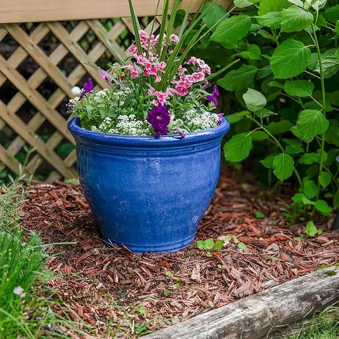 Sunnydaze Studio Large Ceramic Plant Pot - Round Outdoor Glazed Ceramic Planter Pot with Drainage - Imperial Blue - 14.5" by GreenHaven Gardens