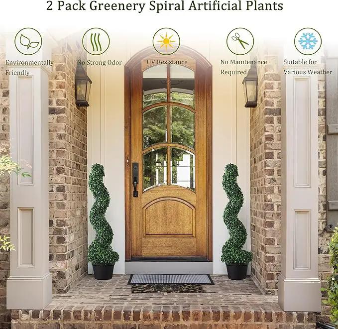 39 inchBoxwood Artificial Cedar Spiral Topiary Trees – Decorative Fake Greenery in Planter Pots for Front Porch, Outdoor Walkway, Entryway Decorating, Set of 2 by GreenHaven Gardens