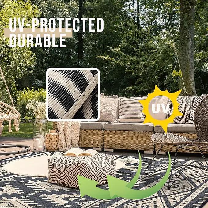 OLANLY Outdoor Rug Waterproof 9x12 ft, Reversible Outdoor Plastic Straw Rug, Boho Patio Rug, Indoor Outdoor Carpet, RV Mat Outside for Patio, Camp, Picnic, Balcony, Deck, Backyard, Black & Beige by GreenHaven Gardens