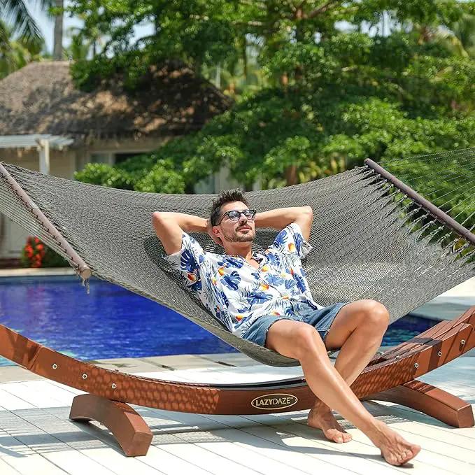Lazy Daze Hammocks 10.5 FT Double 2 Person Caribbean Rope Hammock, Hand Woven Polyester Hammock with Spreader Bars, for Outside Outdoor Backyard Patio Poolside,450 LBS Capacity, Gray by GreenHaven Gardens