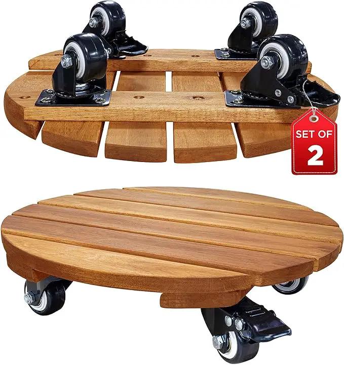 Idzo 2pack Wood Plant Caddy With Wheels Heavy Duty, 264 Lbs Capacity, 12 Inch Acacia Hardwood Plant Dolly, Plant Stand with 360° Lockable Wheels, Plant Caster for Heavy Objects Hauling - Natural Wood by GreenHaven Gardens