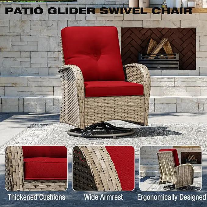 Joyside Outdoor Swivel Rocker Chairs, 3 Piece Wicker Patio Set with Thick Cushion and Side Table, Rattan Patio Swivel Rocking Chairs for Porch, Deck Use (Natural/Red, 3 PCS) by GreenHaven Gardens