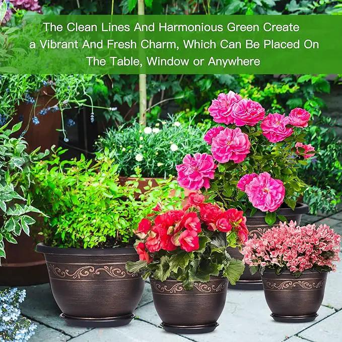 Plastic-Plant-Flower-Planters-8 Inch with Drainage Hole & Saucer, 6 Packs Lightweight Small Resin Flower Pot Indoor Outdoor, Retro Antique Imitation Decorative Garden Containers Sets for Houseplants by GreenHaven Gardens