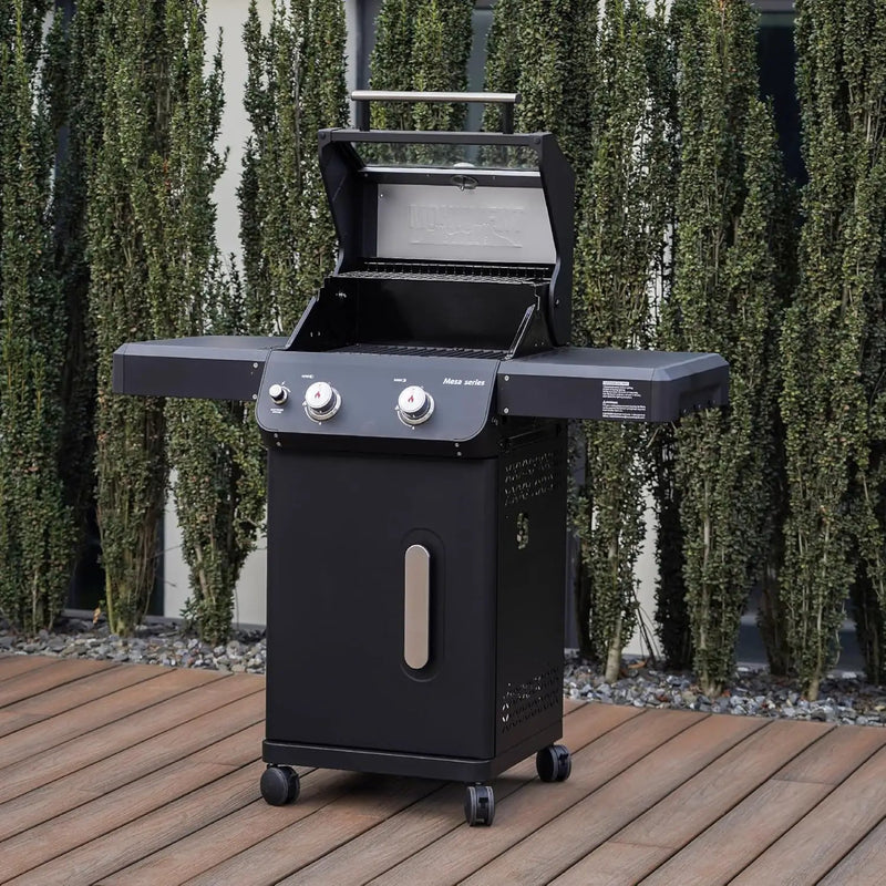 Monument Grills 2-Burner Stainless Steel Liquid Propane Gas Grill, Two Foldable Shelves Patio Garden Barbecue Grill with Clearview® Lid, Knob Control Mesa220, Black by GreenHaven Gardens