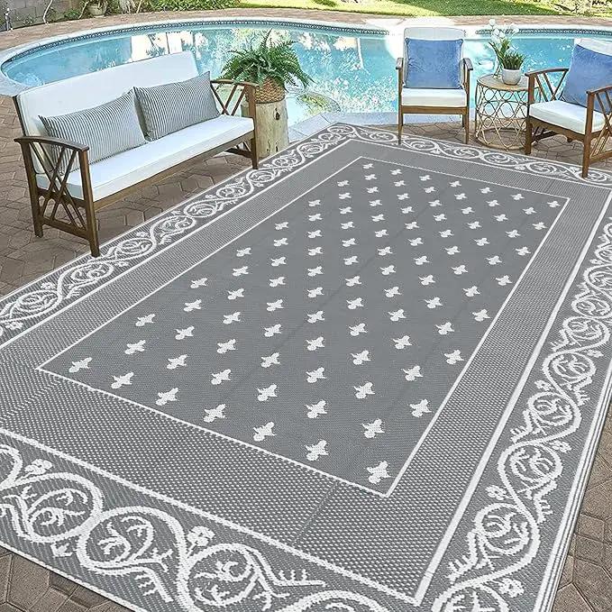 Pauwer Waterproof Outdoor Rug 8x10, Reversible Plastic Straw Patio Camping Rug, Indoor Outdoor RV Mat Carpet for Deck, Camper, Porch, Balcony, Backyard, Picnic, Bordered Grey by GreenHaven Gardens