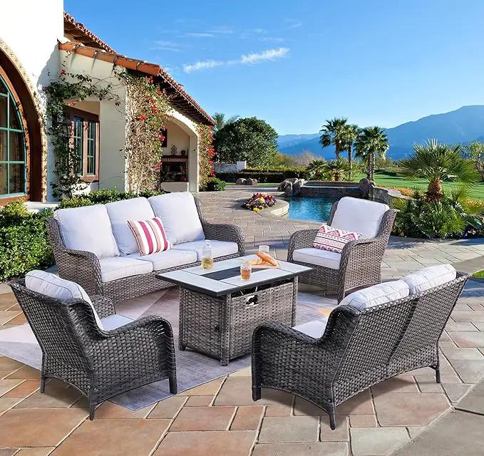 ovios 5 Pieces Patio Furniture Set with 42" Fire Pit Table, Outdoor Wicker Sofa with Loveseat, Comfy Cushions, High Back Couch Conversation Set, Grey Rattan, Grey by GreenHaven Gardens