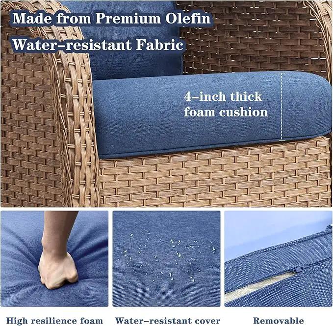Wicker Outdoor Furniture Patio Furniture Set - 6 Piece Patio Conversation Set with Swivel Rocker Chairs, Rattan Sofa, Ottomans and Coffee Table, Blue Cushion by GreenHaven Gardens