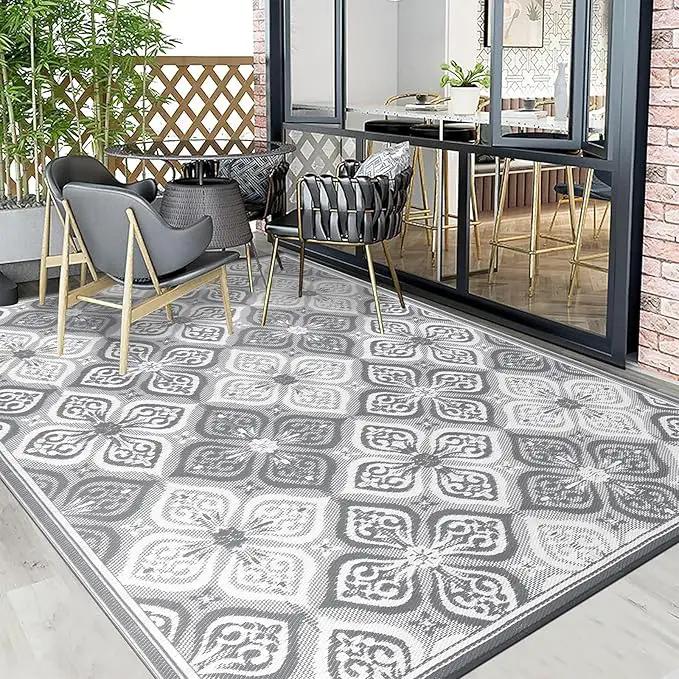 Pauwer Waterproof Outdoor Rug 9x12, Reversible Plastic Straw Patio Camping Rug, Indoor Outdoor RV Mat Carpet for Deck, Camper, Porch, Balcony, Backyard, Picnic, Clover Grey by GreenHaven Gardens