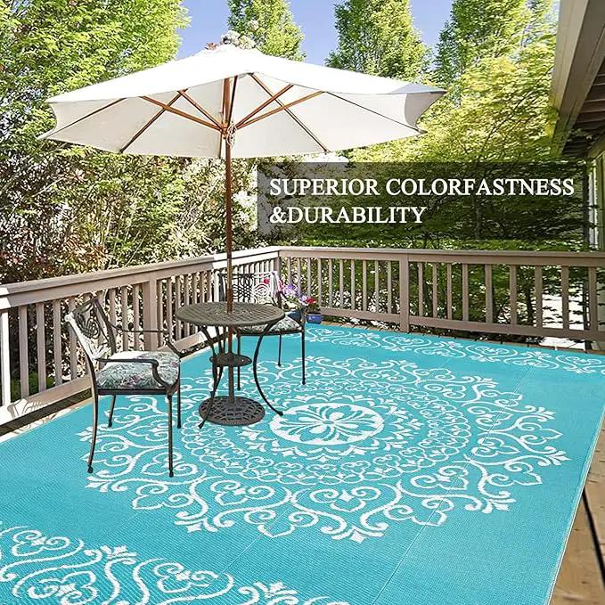 Pauwer Waterproof Outdoor Rug 9x12, Reversible Plastic Straw Patio Camping Rug, Indoor Outdoor RV Mat Carpet for Deck, Camper, Porch, Balcony, Backyard, Picnic, Floral Teal by GreenHaven Gardens