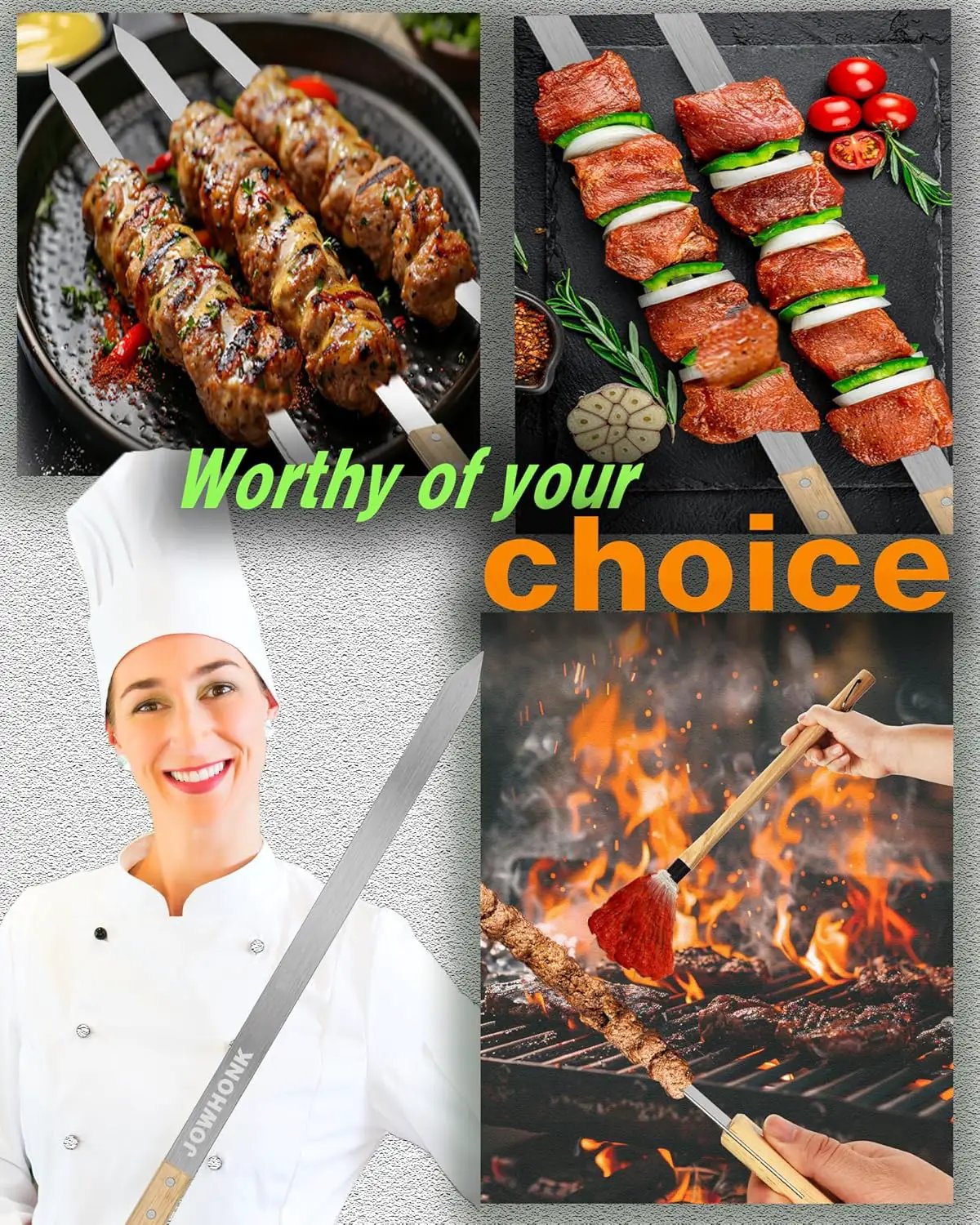 27" 304 Stainless Steel Skewers for Grilling,1 Inch Wide Extra Large Skewers for Kabobs with Wooden Handle,Metal Flat Barbecue Skewer Make Koobideh Brazilian-BBQ Skewer(4),BBQ Mop Brush(1)