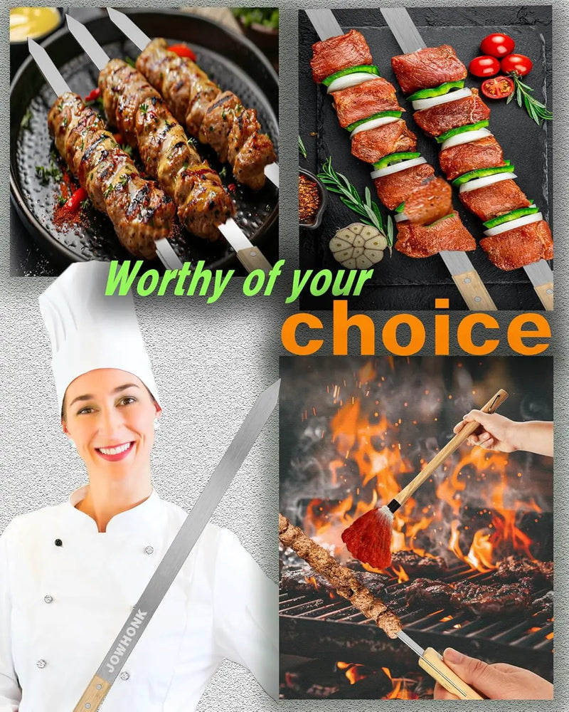 27 Inch Extra Long 1 Inch Wide Kabob Skewers for Grilling, Premium 304 Stainless Steel Barbecue Skewer with Wood Handle,Metal Flat Kebab Skewers include 8PCS BBQ Skewer,1PCS Grill Mop Brush by GreenHaven Gardens