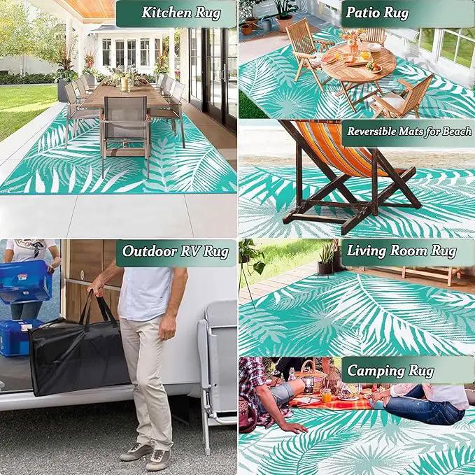 Outdoor Rug 8'x10' Waterproof for Patios Clearance, Reversible Outdoor Plastic Straw Rug Camping Carpet, Outside Floor Mats Large Area Rugs for RV,Patio,Deck,Porch, Beach,Balcony,Teal&White by GreenHaven Gardens