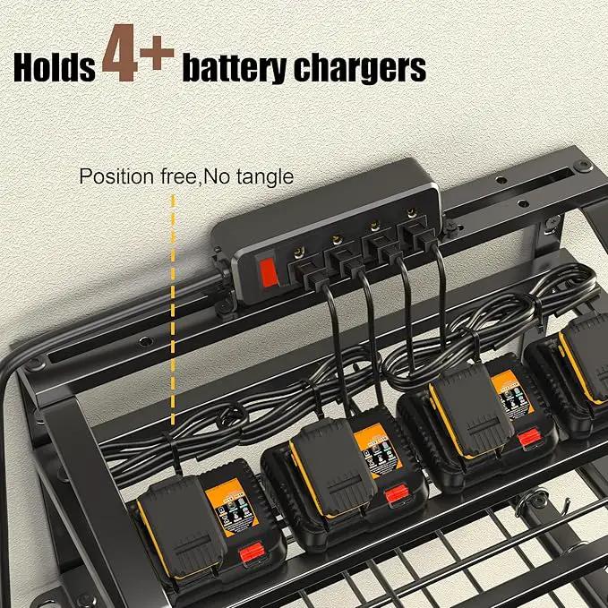 Power Tool Organizer With Charging Station, Heavy Duty Steel 4 Slots, Tool Battery Holder with 4 Outlet Power Strip, Easy To Install Garage Storage Rack for Workshop/Shed Gift For Men by GreenHaven Gardens